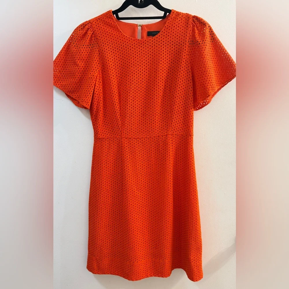 J. Crew Orange-Red Eyelet Lace Puff Sleeve Dress - Size 2 - Picture 2 of 11